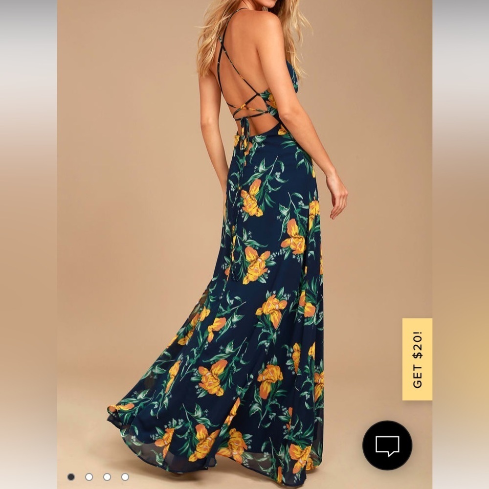 Lulu’s Adventure Seeker Navy Blue and Yellow Floral Print Maxi Dress